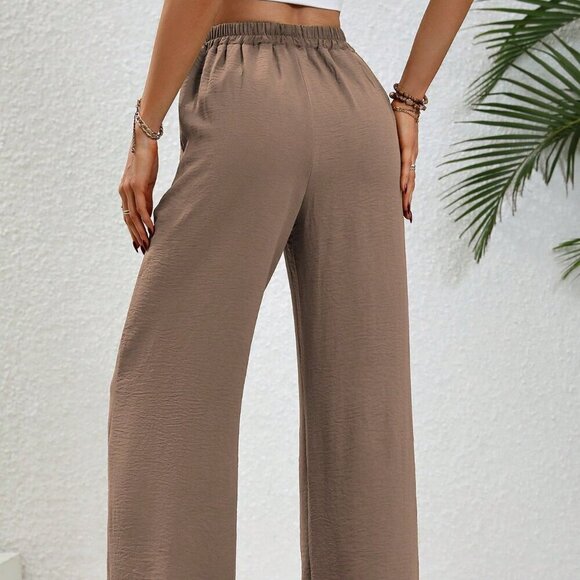 Coffee Brown Casual Women's Summer Drawstring Elastic Waist Wide Leg Pants - Picture 3 of 6